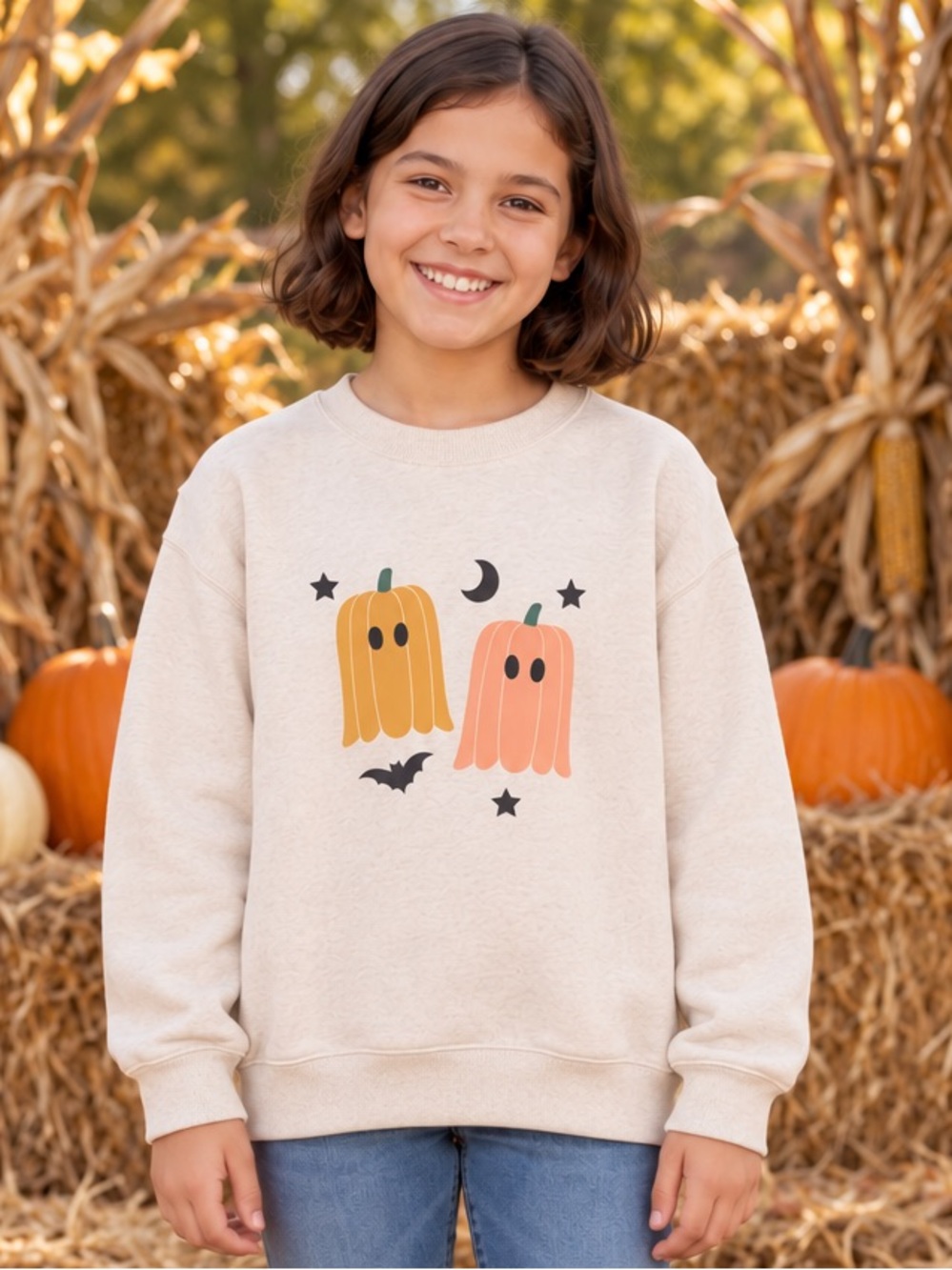 Cute Pumpkin Ghost Halloween Fall Cozy Sweatshirt - YOUTH SIZE M UNISEX